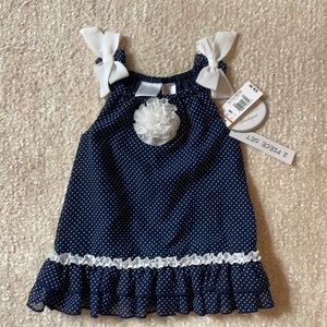 Navy & White Polka Dot Dress with Floral Appliqué